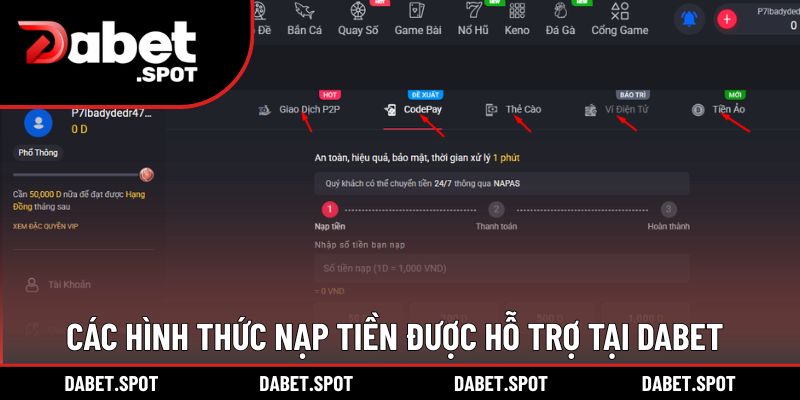 Đa dạng cách nạp tiền DABET